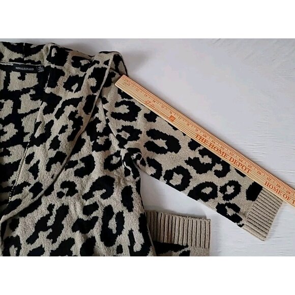 Nina Leonard Cardigan Duster Sweater L Black Tan Leopard Print Soft Oversized - Picture 9 of 11